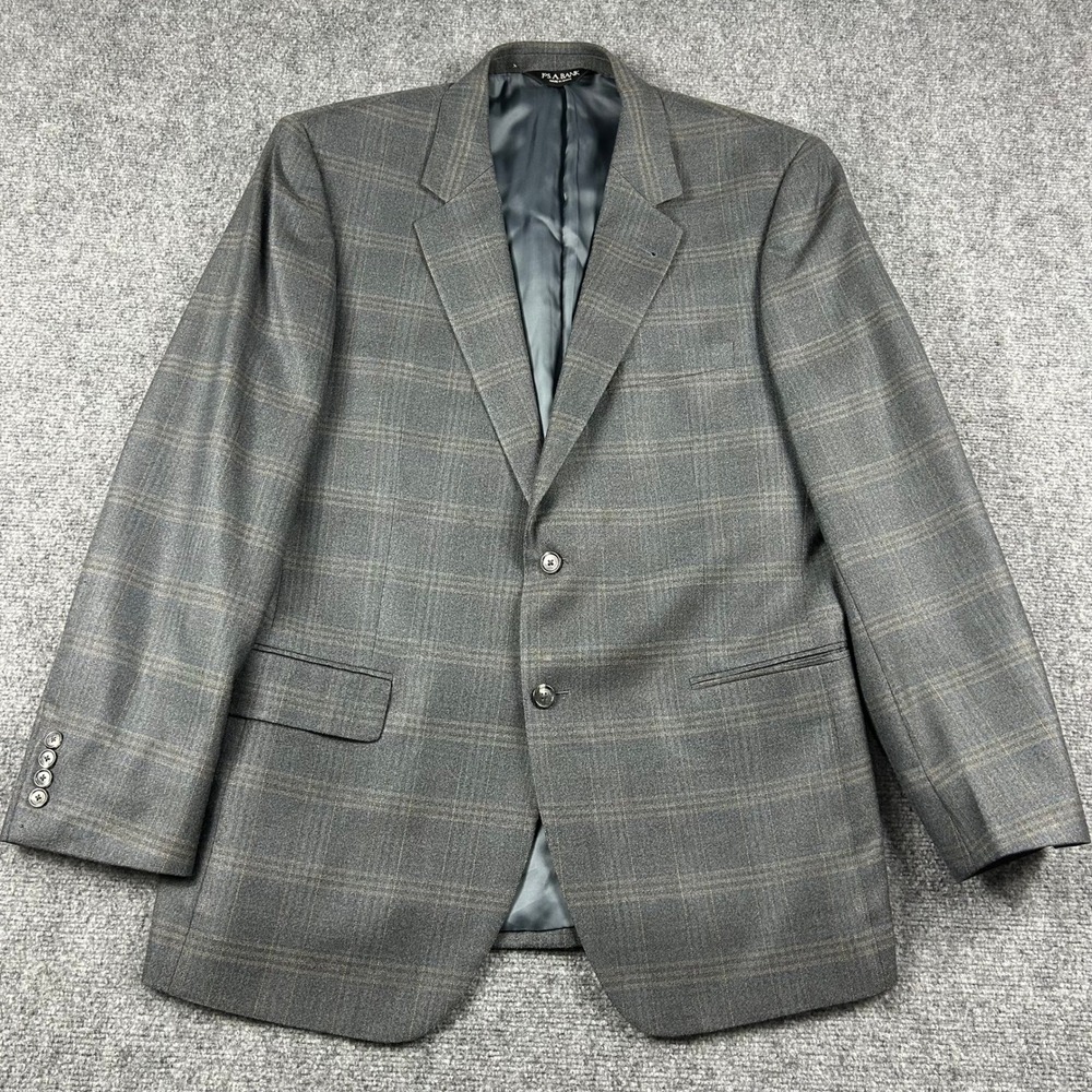 Jos.‎ A. Bank Blazer Mens 44R Grey Plaid Wool Silk Signature Collection Sport